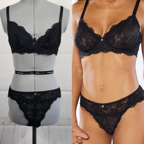 Savage X Fenty Floral Lace Unlined Bra & Cheeky Panty (Small) Set Black 32B - Picture 1 of 12